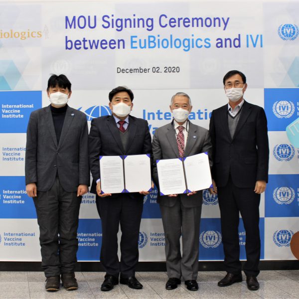 From left: IVI Deputy Director General of Science Dr. Manki Song, EuBiologics co-CEO Dr. Yeong Ok Baik, IVI Director General Dr. Jerome Kim, and EuBiologics co-CEO Dr. Seuk-keun Choi